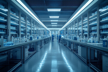 Poster - a pharmaceutical research lab with scientists working on drug formulations, illustrating research an