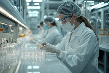 Poster - a pharmaceutical factory with lab technicians and production equipment, demonstrating drug manufactu