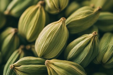Poster - This image features a macro photograph of green cardamom pods, highlighting their natural texture and intricate details, making it perfect for culinary and spice-related themes.