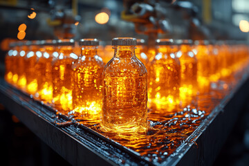 Poster - a glass factory with molten glass being molded into bottles, illustrating the production process of 