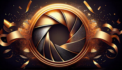 Golden camera shutter surrounded by golden confetti exploding on a dark background, perfect for photography concepts or photo contest