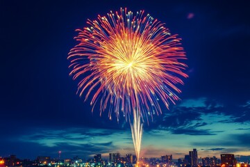 Aufkleber - A stunning large firework display illuminates the night sky above a cityscape, creating a dazzling spectacle of lights and colors against a dark blue background.