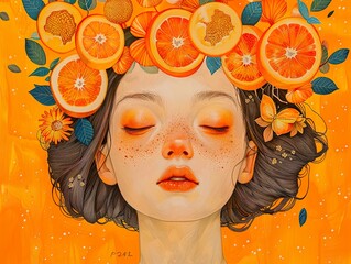 Canvas Print - Dreamy Woman Adorned with Oranges and Flowers