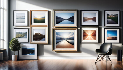 Modern art gallery is displaying framed landscape photography while sunlight shines through the window