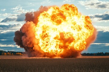 Aufkleber - A huge fireball explosion occurs in an open field, with clouds in the sky. The scene captures the intensity and magnitude of the blast with vibrant colors and dynamic motion.