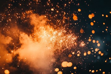 Poster - An explosion captures glowing particles flying amidst swirling smoke. The image highlights the bright and dynamic energy of the blast against a backdrop of darkness.