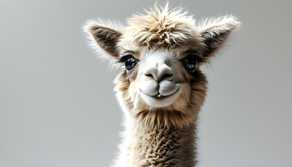 Adorable baby llama with fluffy coat and curious eyes showcased in 3D against a white backdrop