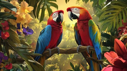 Two Colorful Parrots Perched on a Branch in a Lush Tropical Setting