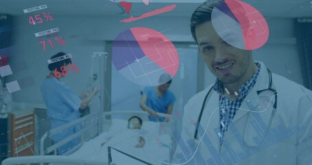 Poster - animation of data processing and diagrams over diverse doctors with patient in hospital
