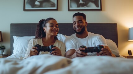 Couple enjoys an evening of gaming together on a cozy bed, sharing smiles and laughter in a serene bedroom setting