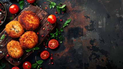 Wall Mural - Fried cutlets on wooden board with dark background from above.