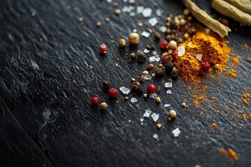 Poster - Various colorful spices, including whole peppercorns, red pepper flakes, and salt crystals, are artfully scattered on a dark, textured surface, showcasing a blend of culinary elements and vibrant hue