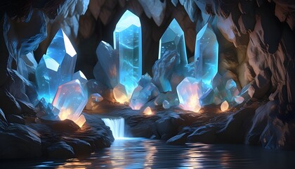 Wall Mural - Mystical 3D Crystal Cave with Radiant Gemstones Illuminating the Enchanting Environment