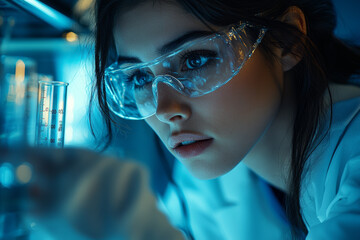 Poster - a successful female scientist conducting an important experiment in a state-of-the-art laboratory, l