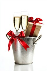 Wall Mural - The perfect Valentine's Day gift: champagne glasses with a gift and ribbon