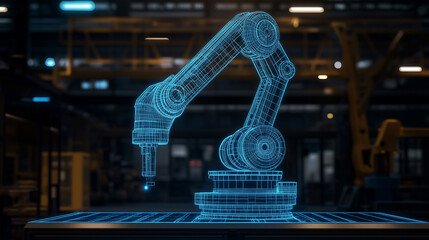 Wireframe hologram of a robotic arm is glowing blue in a dark factory, showcasing advanced automation technology