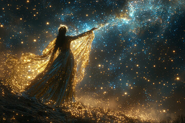 Wall Mural - A radiant goddess with flowing robes and a crown of stars, guiding the night sky from a celestial realm. Concept of divine guidance and celestial beauty.