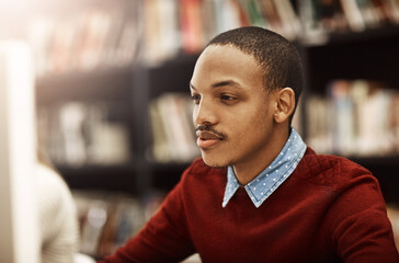 Aufkleber - Computer, African man and student at library for research, knowledge and test results in college. University learning, reading and internet for education, scholarship project and online exam report