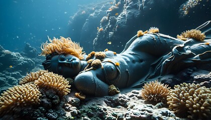 Serene underwater scene featuring a sunken statue adorned with vibrant coral and graceful sea anemones