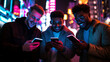© Frank Gärtner - Three young men are having fun using smartphones in a city at night, illuminated by colorful neon lights