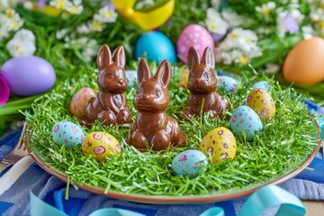 An assortment of easter bunnies and eggs are arranged on the kitchen counter