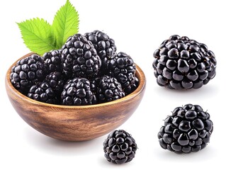 Wall Mural - Fresh blackberries collage set with single fruit on white background