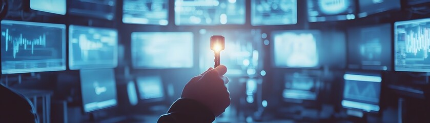 Poster - A hand holding a light in front of multiple glowing screens, symbolizing technology, control, and digital innovation.