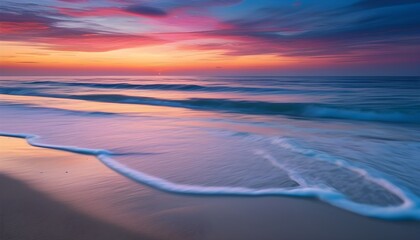 Tranquil beach at dusk with gentle waves caressing smooth sands beneath a vibrant, colorful sky