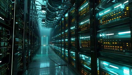 Poster - A modern data center showcasing advanced servers with glowing lights, wires, and a sleek, futuristic design.