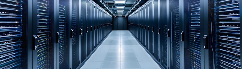Poster - A modern data center showcasing rows of server racks, highlighting infrastructure for data storage and processing efficiency.