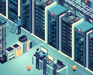 Poster - A modern data center scene featuring technicians managing server racks and performing maintenance tasks.