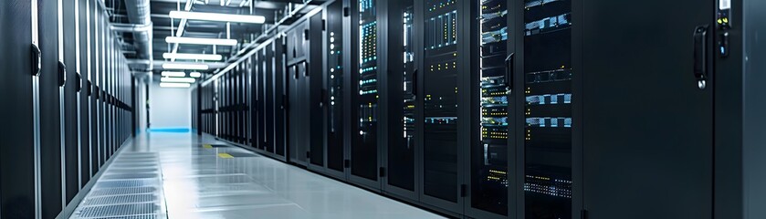 Poster - A modern data center with server racks lining the corridor, showcasing advanced technology and efficient design for data processing.