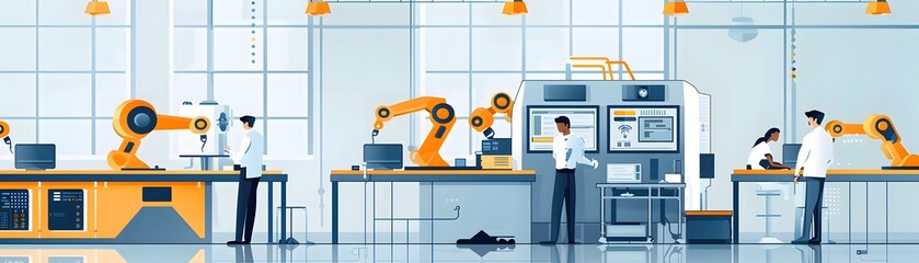 Poster - A modern industrial workspace featuring robotic technology and engineers collaborating on automation solutions.