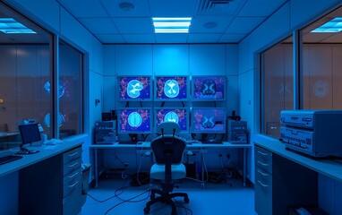 Poster - a modern laboratory illuminated in blue, featuring advanced technology and multiple screens, ideal f
