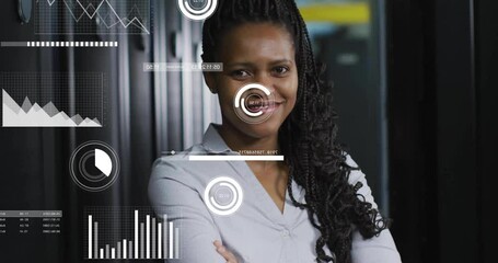 Poster - animation of data processing and diagrams over biracial female worker smiling in server room