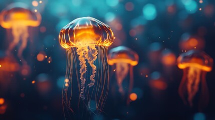 Wall Mural - Glowing Jellyfish in Deep Blue