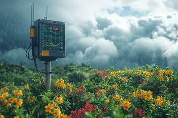 Poster - A weather monitoring station displaying high wind speeds and severe weather warnings. Concept of meteorological data and storm tracking.