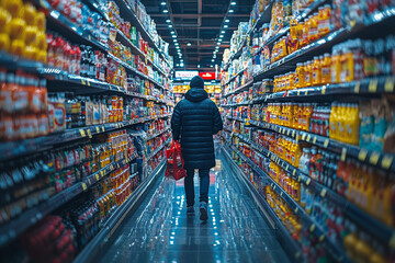 Poster - a shopper taking advantage of black friday discounts while navigating through a store's maze of aisl