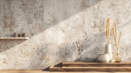 Poster - Minimalist Interior Design with Concrete Wall and Wooden Shelf