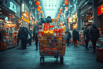 Poster - a shopper pushing a cart overflowing with discounted items through a crowded retail space. concept o