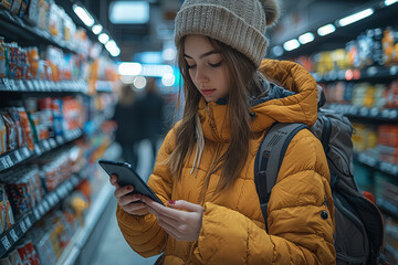 Poster - a shopper comparing prices on their smartphone while browsing through a store. concept of technology