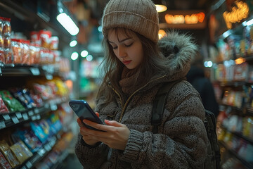 Poster - a shopper comparing discounts between different stores on their phone. concept of price comparison a
