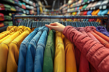 Wall Mural - A person scanning a store's clearance rack for hidden discounts and special offers. Concept of treasure hunting and smart shopping.