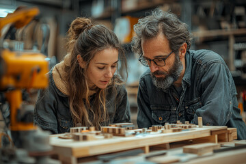 Poster - A married pair building a piece of furniture together, focusing on their teamwork. Concept of shared projects and problem-solving.