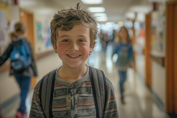 Wall Mural - A boy wearing a grey shirt and a backpack is smiling in a hallway