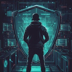 Poster - A mysterious figure stands before a glowing shield, immersed in digital cyberspace, symbolizing security and technology.