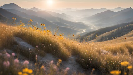 Wall Mural - A mountain range with a sun shining on it