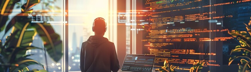 Poster - A person gazes at a screen filled with code, symbolizing technology and innovation in a modern workspace.