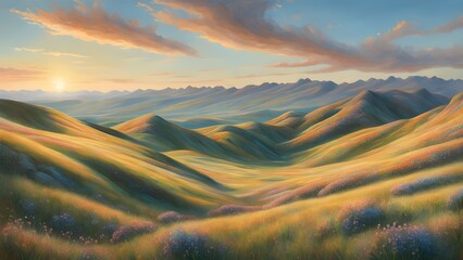 Wall Mural - A painting of a mountain range with a sun setting in the background