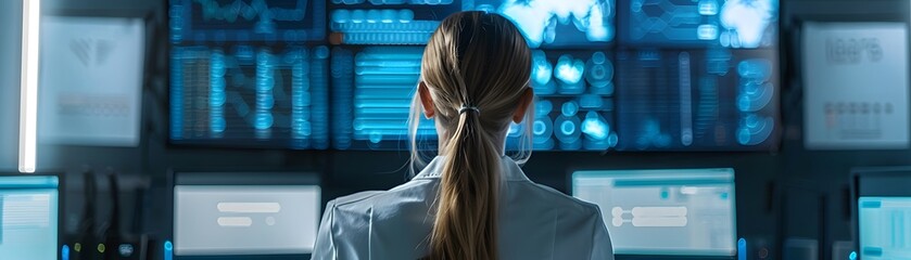Fototapete - A professional female analyst working in a modern control room, engaged in data monitoring and analysis tasks with technology.